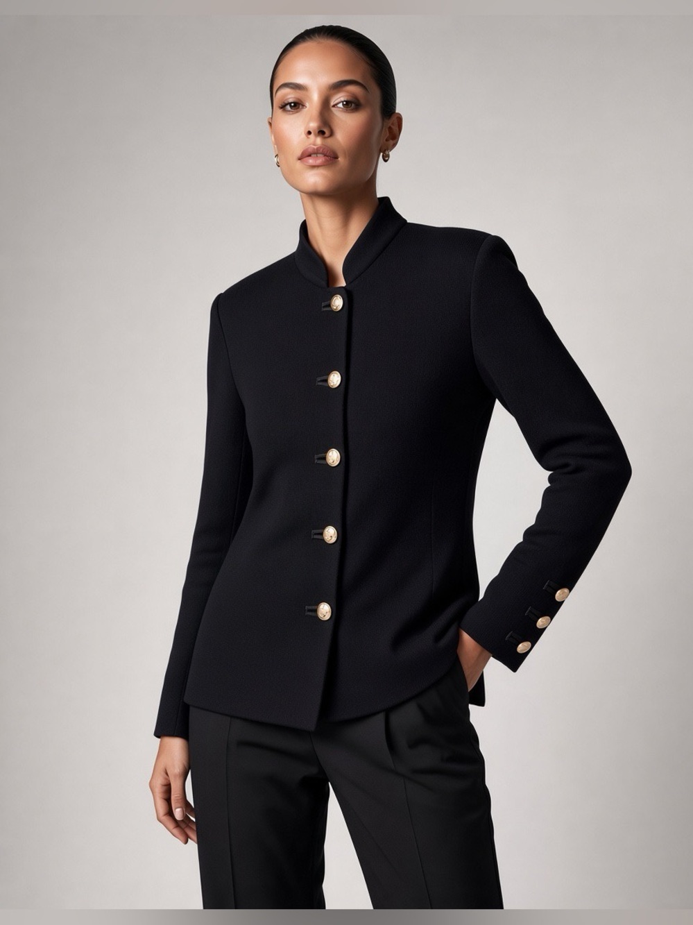 St. John Santana Vintage Black Knit Blazer Jacket Gold Crest Buttons Military